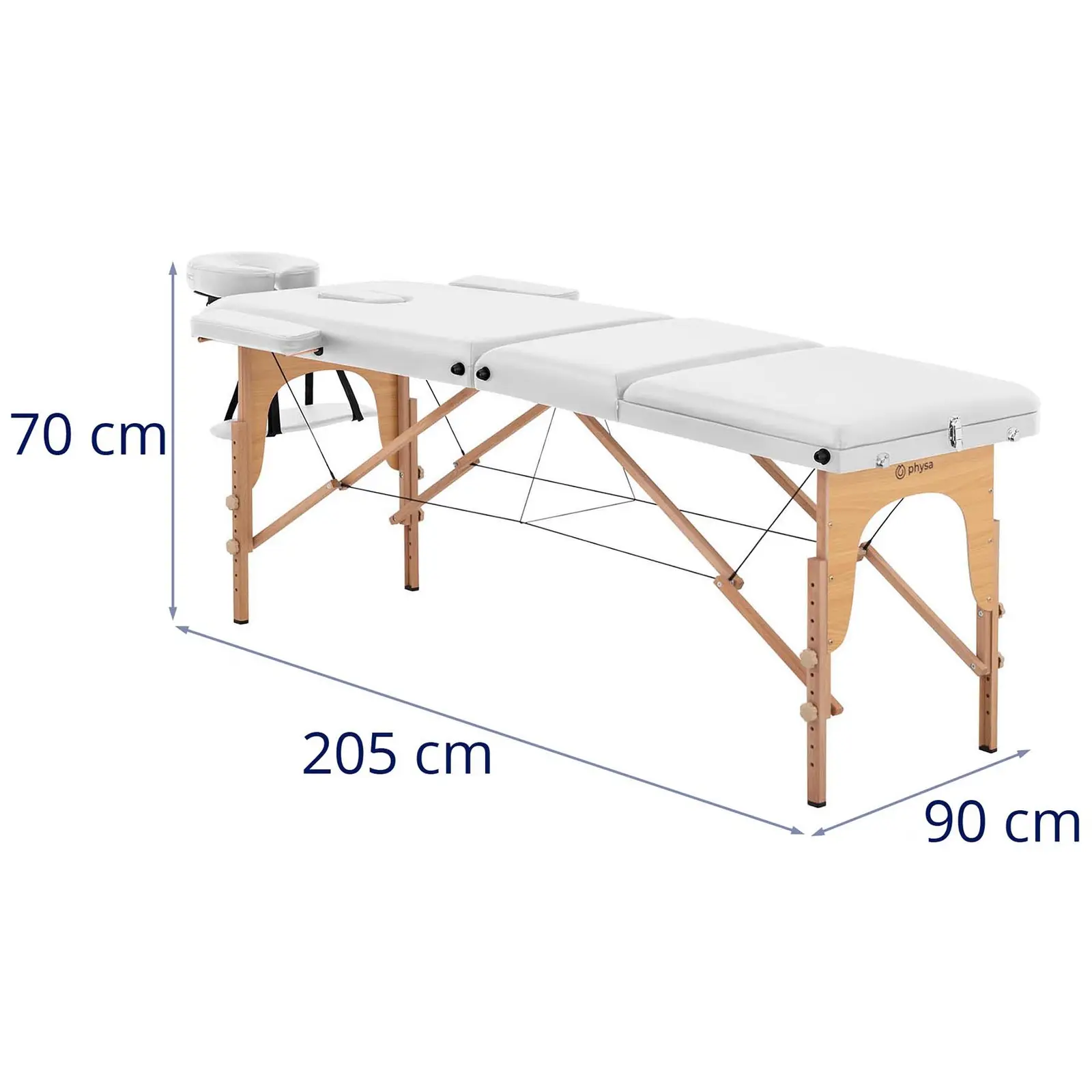 Zložljiva masažna miza - nagnjen podstavek za noge - bukov les - zelo široka (70 cm) - bela