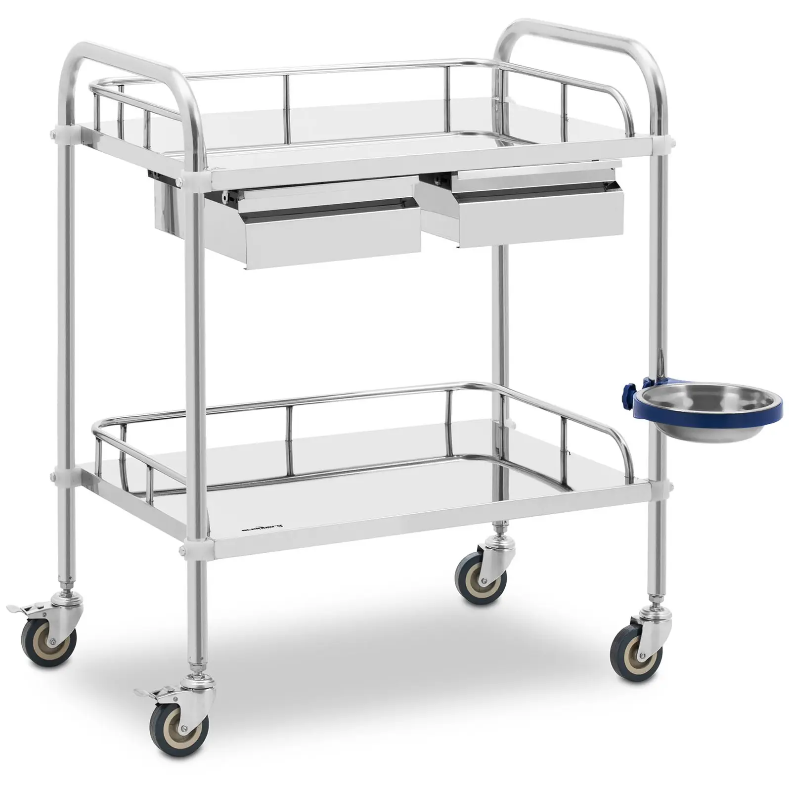 Laboratorijski voziček - nerjaveče jeklo - 2 polici, vsaka 61 x 40 x 13 cm - 2 predala - 20 kg